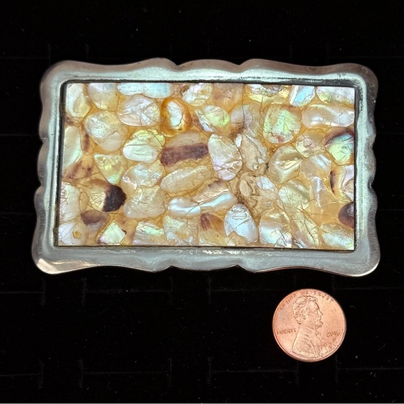 Vintage weighted, abalone mother of pearl shell, Silvertone 3”x2” belt buckle main image 5